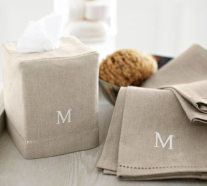 Flax Linen Hemstitch Tissue Box Cover | Pottery Barn (US)