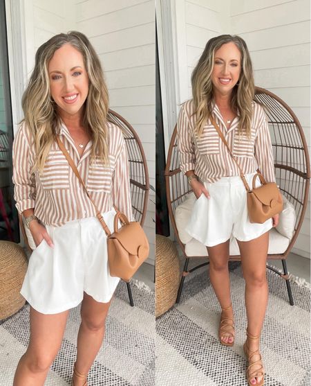 Amazon spring outfit, Amazon vacation outfit, Amazon summer outfit, striped button down size small, white trouser shorts size medium 

#LTKfindsunder50
