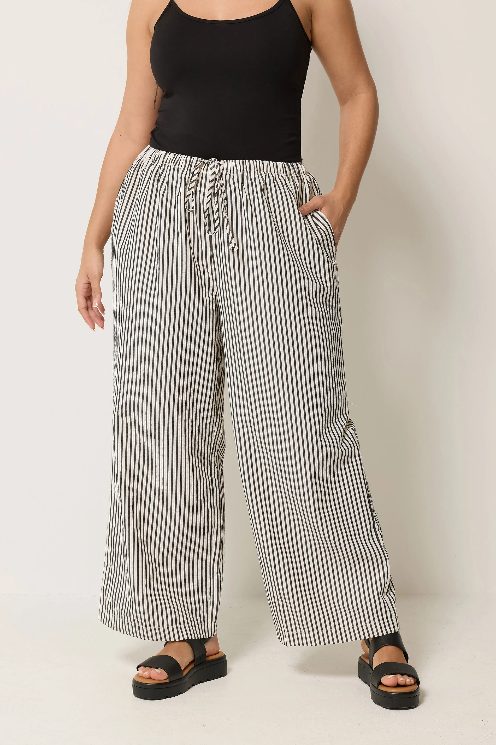 YOURS Plus Size Cream & Black Stripe Trousers | Yours Clothing UK