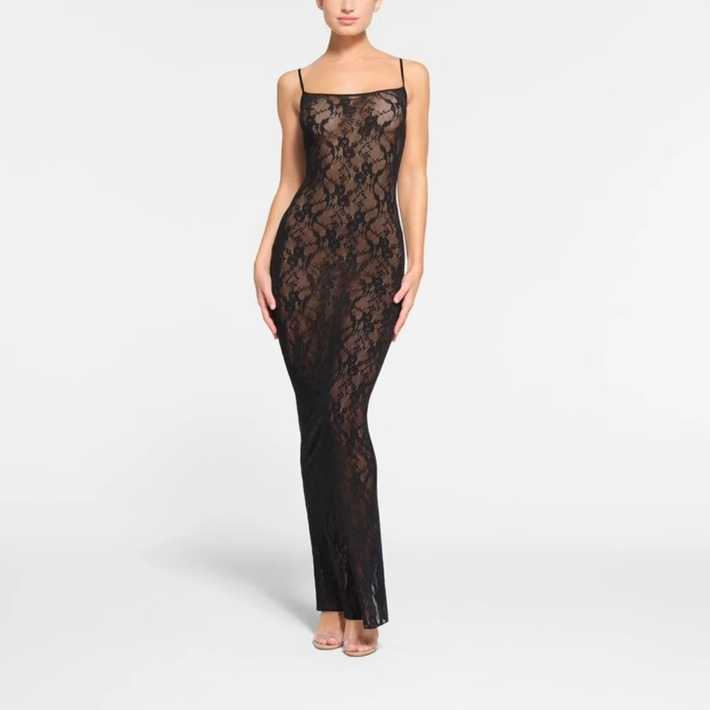 2. NWT SKIMS STRETCH LACE CAMI LONG DRESS IN ONYX | Poshmark