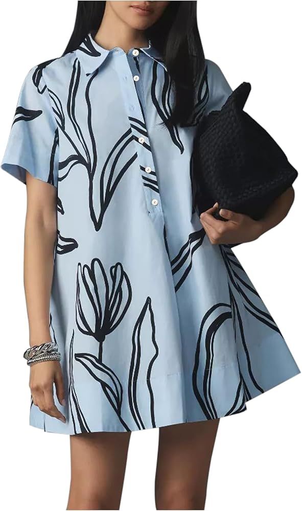 Women's Short Sleeve Swing Tunic Mini Dress Casual Loose Button up Babydoll Dress Summer A Line F... | Amazon (US)