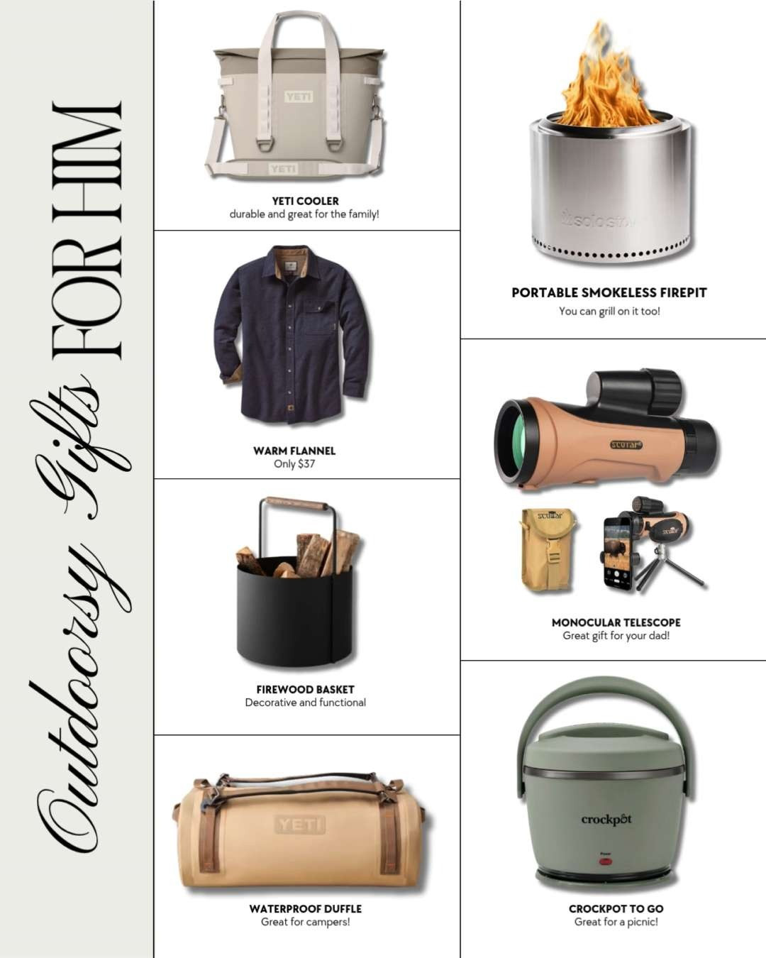 Gift ideas for men! Outdoorsy gifts, gifts for the hiker, camping gifts, adventure gifts, gift for boyfriend, gift for dad, gifts for your dad, parent gift ideas, parent gift guide, fathers day gifts, mens gift guide, gift for husband, camping gear, fire pit, gift for him 

 

#LTKGiftGuide #LTKHoliday #LTKMens