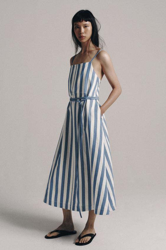 Zara - Zw Collection Striped Midi Dress - Blue/White - S - Woman | Zara UK