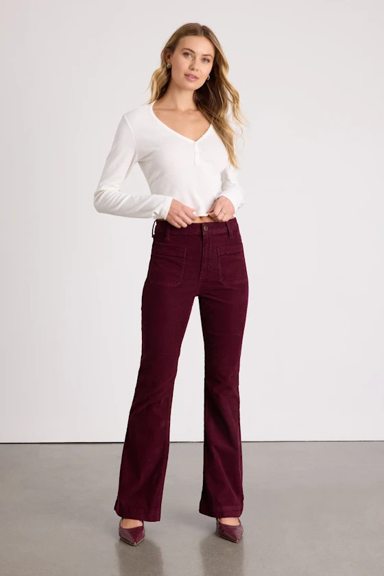 Relia Wine Red Corduroy High-Rise Flare Pants | Lulus