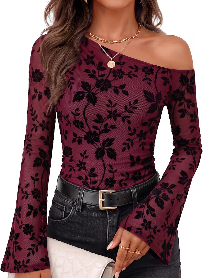 ZESICA Women's Floral Off Shoulder Fall Long Sleeve Y2K Going Out Work Tops | Amazon (US)