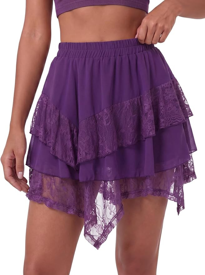 Women Renaissance Pirate Mini Skirt with Shorts Y2k Asymmetrical Layered Lace Hem Elastic Waist G... | Amazon (US)