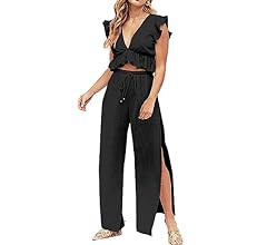 FANCYINN Womens 2 Pieces Outfits Deep V Neck Crop Top Side Slit Drawstring Wide Leg Pants Set Jum... | Amazon (CA)