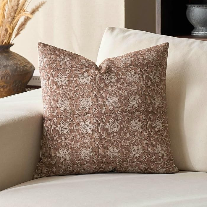 DOMVITUS Floral Pillow Covers 18x18 Throw Pillow Covers Block Print Vintage Decorative Neutral Pi... | Amazon (US)