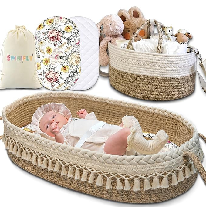 Baby Changing Basket Set w. Diaper Caddy Organizer Macrame Boho Moses Basket for Babies, Handmade... | Amazon (US)