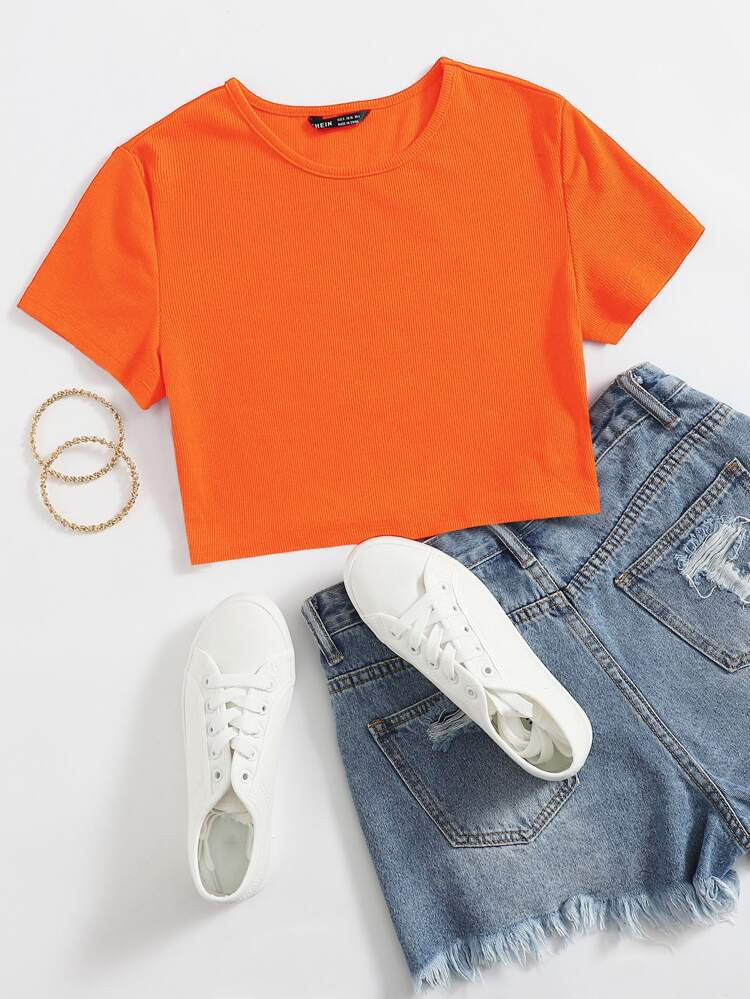 SHEIN Neon Orange Rib Knit Crop Tee | SHEIN