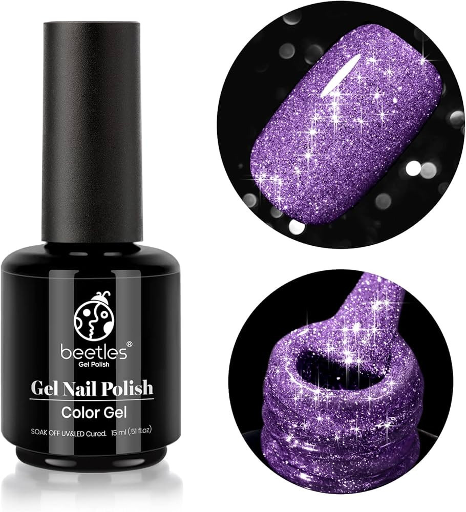 Beetles Reflective Gel Nail Polish, 1Pcs 15ML Purple Glitter Diamond Gel Polish Disco Color Soak ... | Amazon (US)