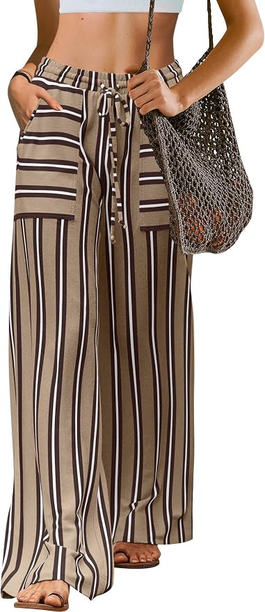 LAMISSCHE Womens Oversized Striped Wide Leg Pants High Waisted Lounge Pants with Pockets Beach Tr... | Amazon (US)