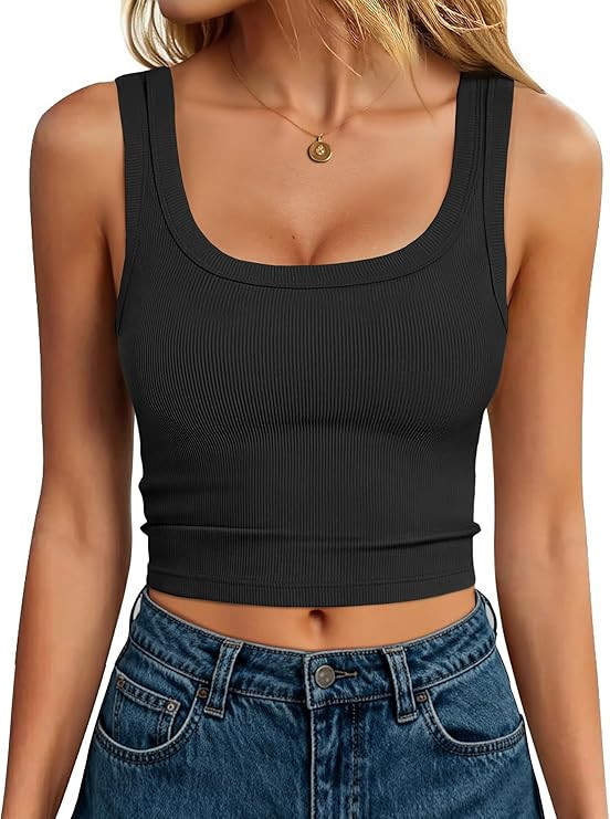 ANRABESS Tank Tops for Women Scoop Neck Crop Sleeveless Top Summer Going Out Basic Tee Cute Ribbe... | Amazon (US)