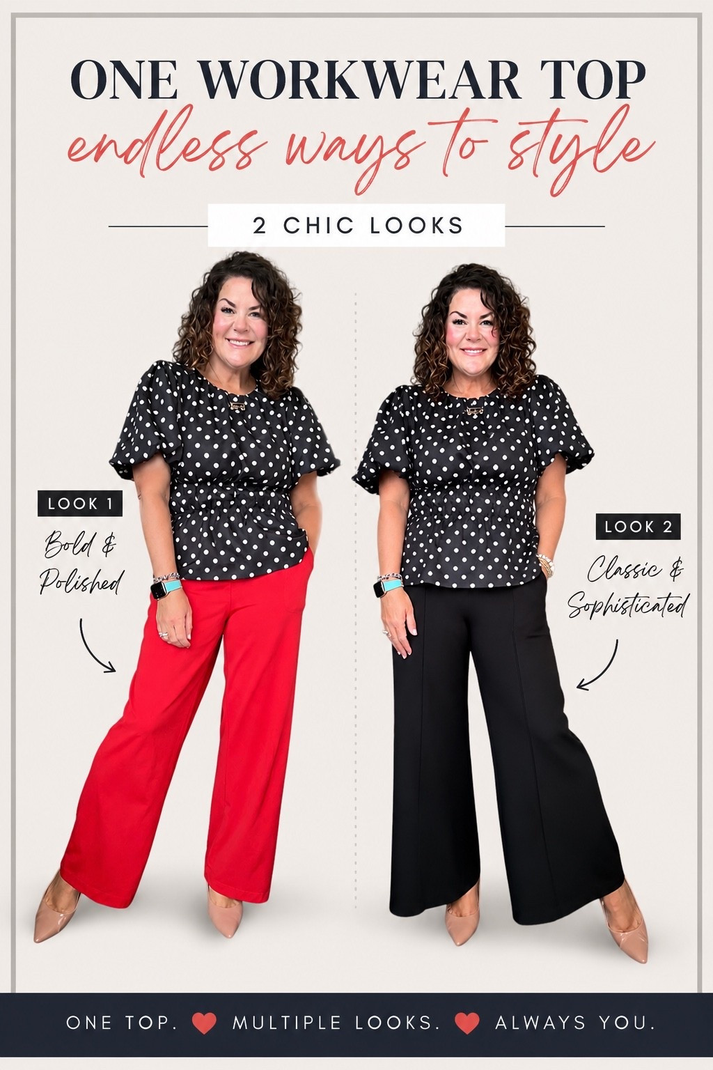 One top. Two completely different workwear looks. ✨

I love investing in pieces that work harder in my closet. This polka dot blouse pairs just as well with classic black trousers as it does with a pop of red for a bold office look.

Which would you wear?
❤️ Black pants
🔥 Red pants

#LTKootd #LTKWorkwear #LTKOver40