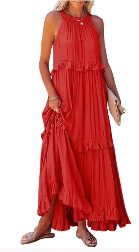 loveimgs Women's Summer Sleeveless Halter Neck Tiered Dress Flowy Ruffle Long Beach Maxi Dress Su... | Amazon (US)
