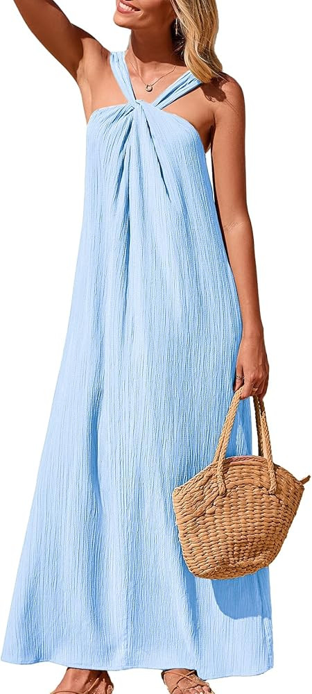 Kikibell Women's Summer Sleeveless Halter Sundress with Pockets Casual Strappy Beach Vacation Loo... | Amazon (US)