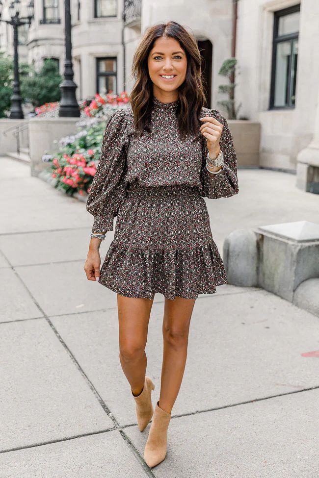 LIVING MY BEST STYLE X PINK LILY Sullivan Square Mock Neck Floral Olive Dress | The Pink Lily Boutique