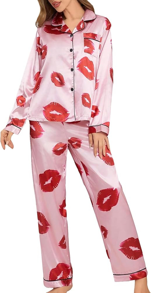 WDIRARA Women's 2 Piece Satin Pajama Set Butterfly Print Contrast Piping Button Shirt and Pants S... | Amazon (US)