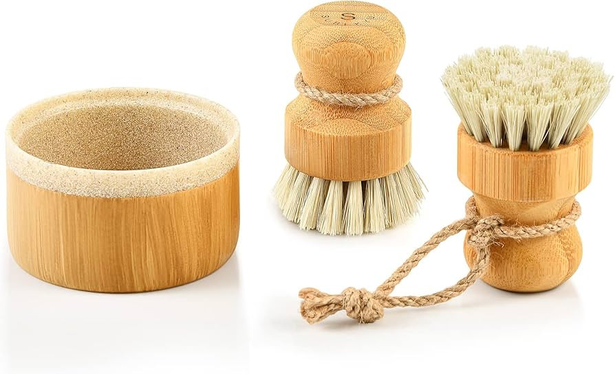 SUBEKYU Bubble Up Bamboo Dish Brush Set with Soap Holder, Wooden Dish Scrubber with Soap Dispense... | Amazon (US)