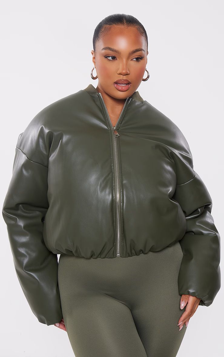 Plus Khaki Faux Leather Oversized Bomber Jacket | PrettyLittleThing US