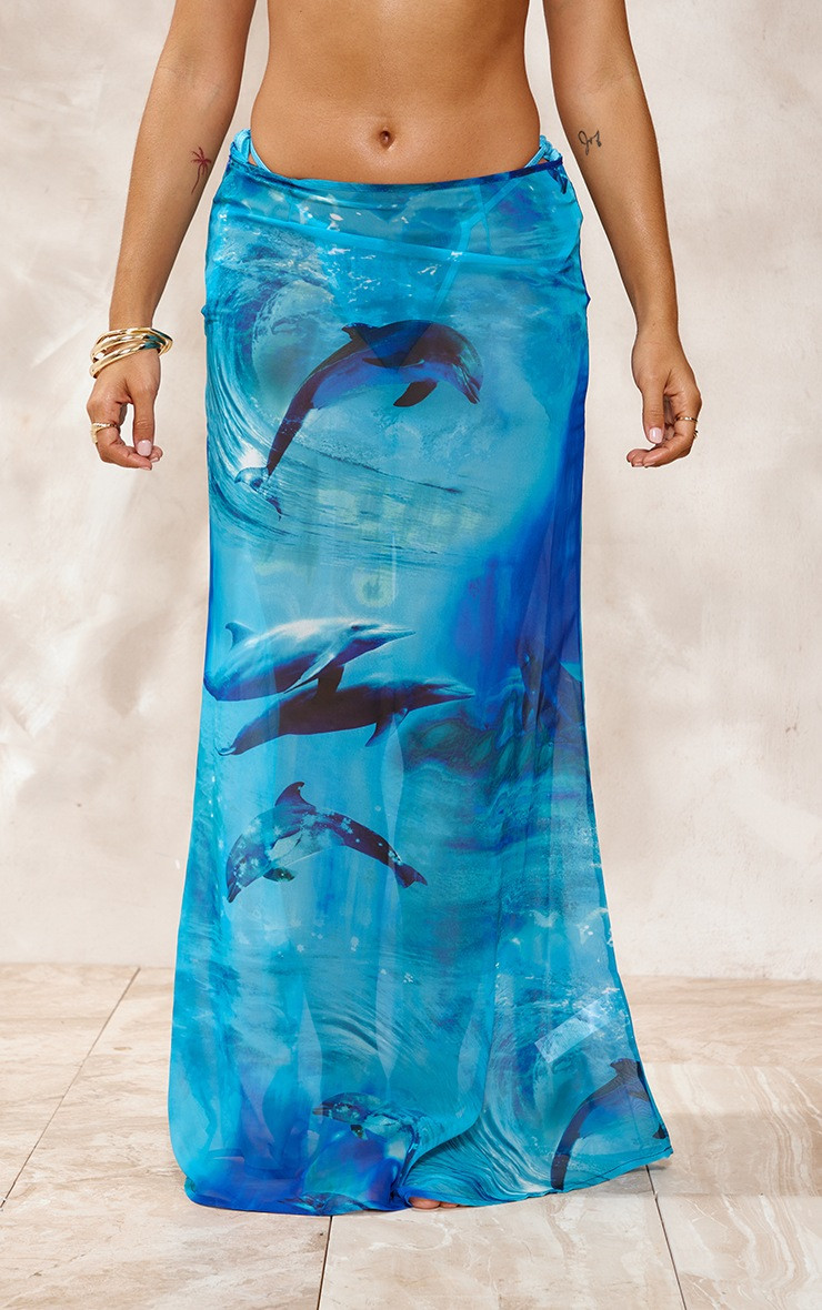 Blue Dolphin Print Mesh Fishtail Maxi Skirt | PrettyLittleThing UK