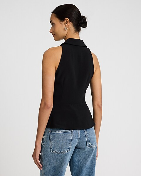 V-Neck Collared Button Front Split Hem Tailored Top | Express