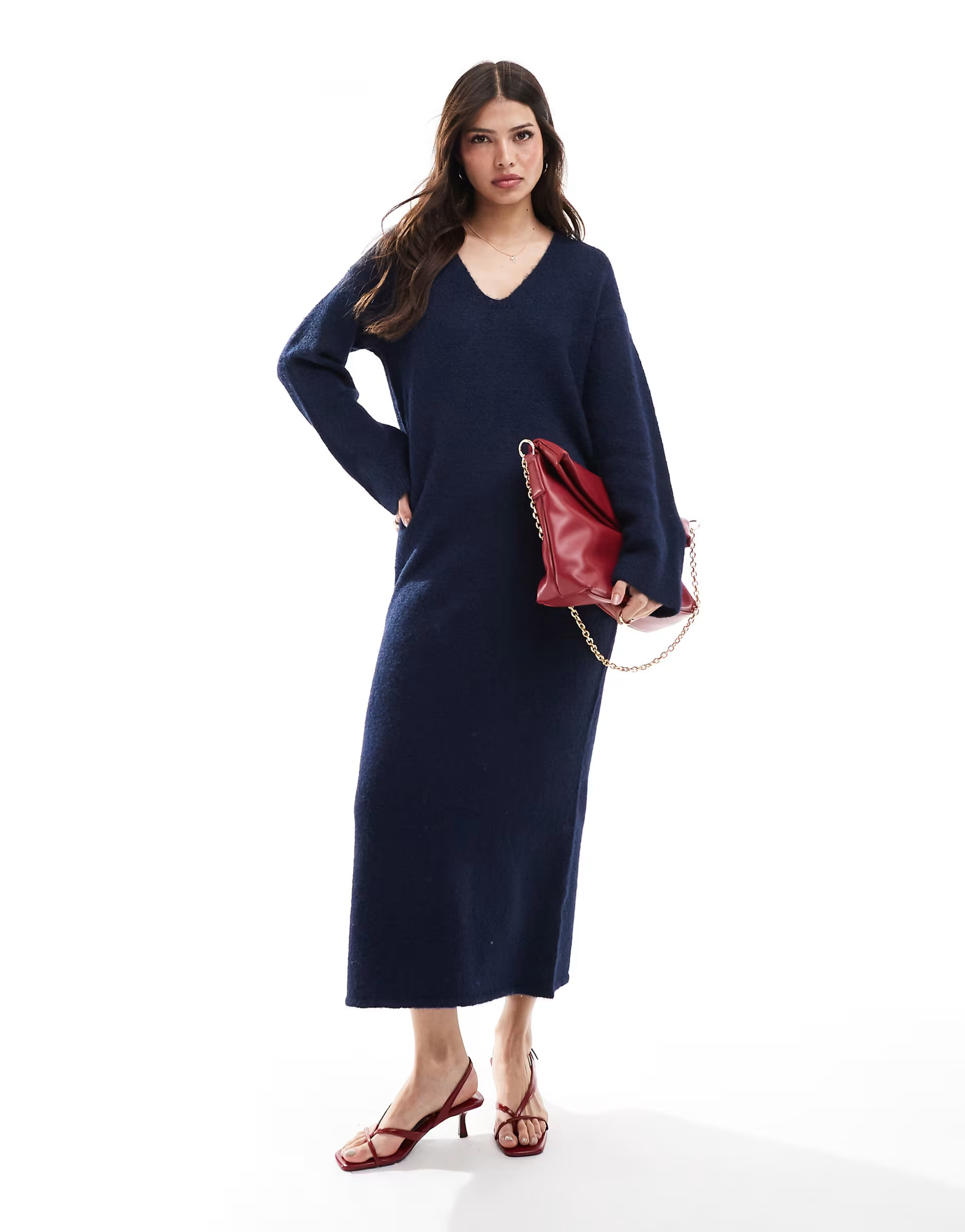 4th & Reckless wool mix fluffy knit v neck maxi jumper dress in navy | ASOS (Global)