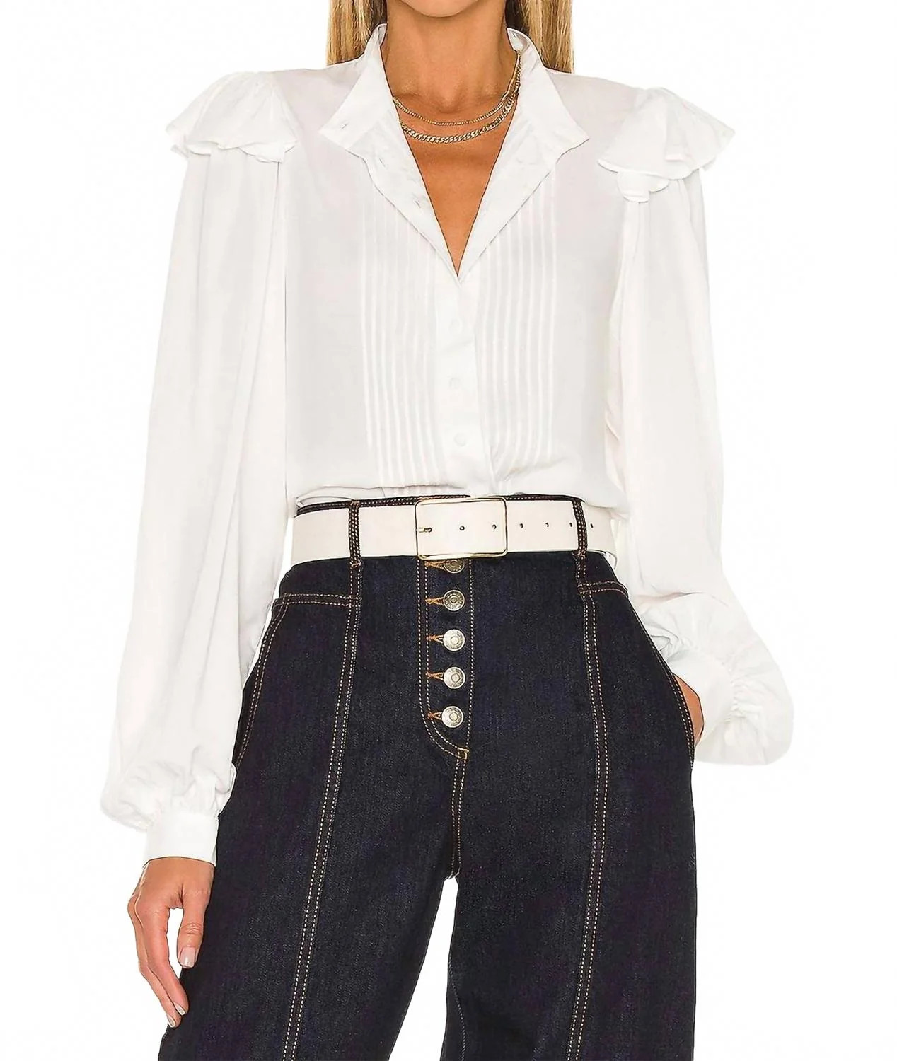 Tuxedo Ruffle Detailed Blouse In Swan | Shop Simon