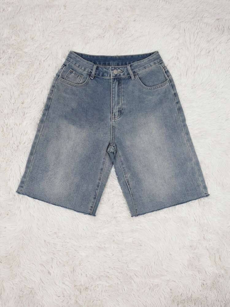 Y2K Street Vintage Slant Pocket Distressed Ripped Raw Hem Wide Leg Bermuda Denim Shorts Knee Leng... | SHEIN