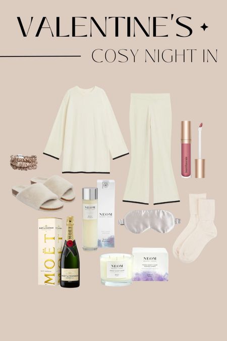 Valentine’s Day outfit ideas - cosy night in with loved ones.

Cream knit boucle jumper & trousers co-ord, cosy slippers, bare minerals lip gloss, Moët & Chandon champagne, cashmere socks, silk sleep eye mask, slip silk hair scrunchies, neom sleep candle & bath soak  

#LTKGiftGuide #LTKeurope #LTKstyletip