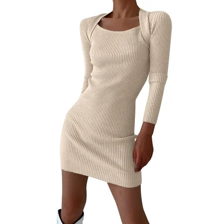 Womens Sweater Dress Womens Sexy Long Sleeve Slim Pack Hip Square Neck Knit Sweater Dress | Walmart (US)