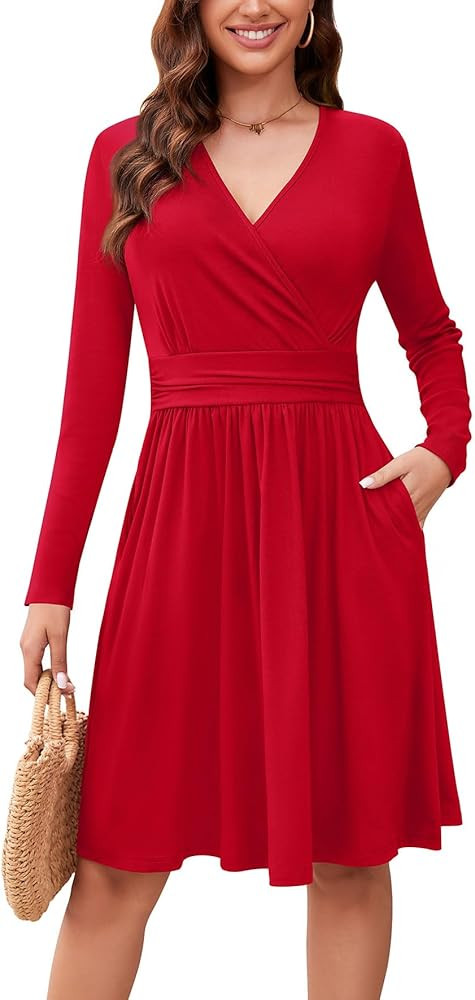 WEACZZY Women's Long Sleeve Casual Fall Dresses V-Neck Swing Floral Party Dress with Pockets 2026 | Amazon (US)