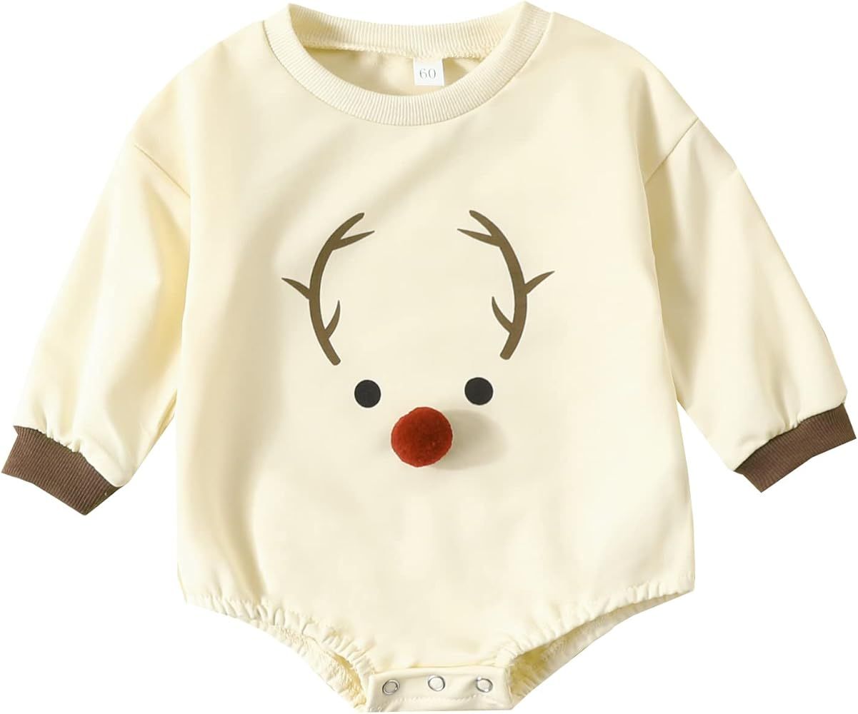 Newborn Baby Girl Boy Christmas Outfits Long Sleeve Reindeer Sweatshirt Romper Oversized Sweater One | Amazon (US)