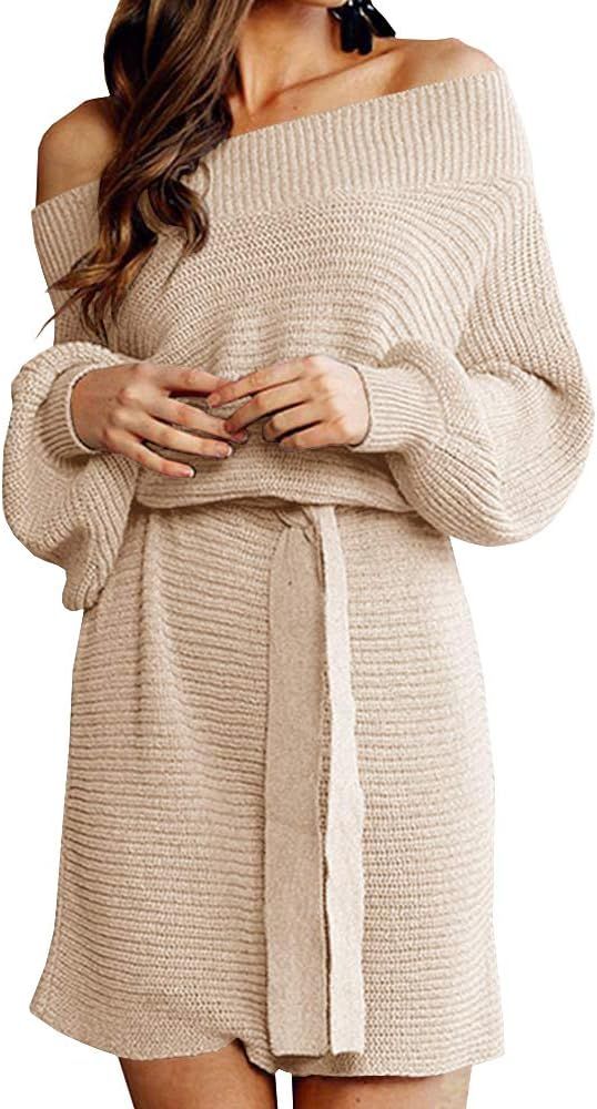 Ashaui Women's Off Shoulder Batwing Long Sleeve Sweater Dress Casual Loose Front Tie Knot Knitted... | Amazon (US)
