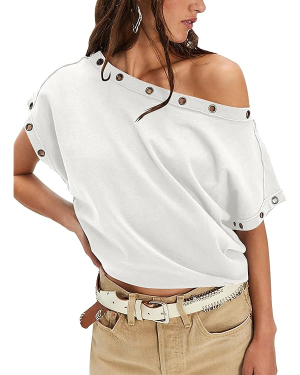 Ziesexy Off The Shoulder Tops for Women Trendy Y2k Batwing Short Sleeve T Shirts 2026 Summer Grom... | Amazon (US)