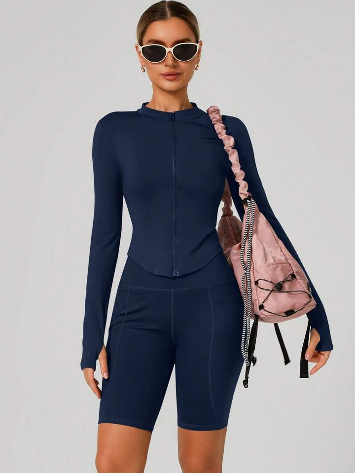 Women's Standing Collar Zipper Long Sleeve Yoga Jacket Tight Fit Quick Dry Yoga Clothing Outdoor Fitness Sports Tops Jacket Suitable For Fitness Workout Wear Fall | SHEIN