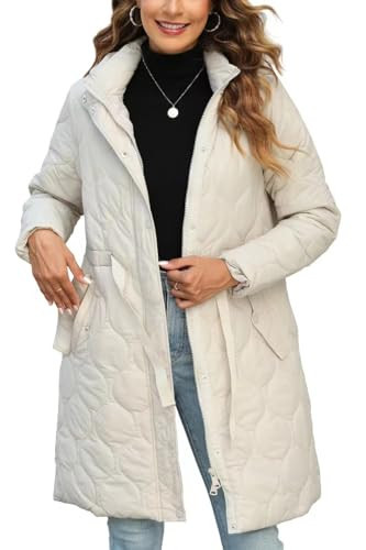 XULIKU Women's Diamond Quilted Long Puffer Coat Lightweight Zip Up Hooded Jacket Winter and Spring Outwear with Belt G22-20 Cream S | Amazon (US)