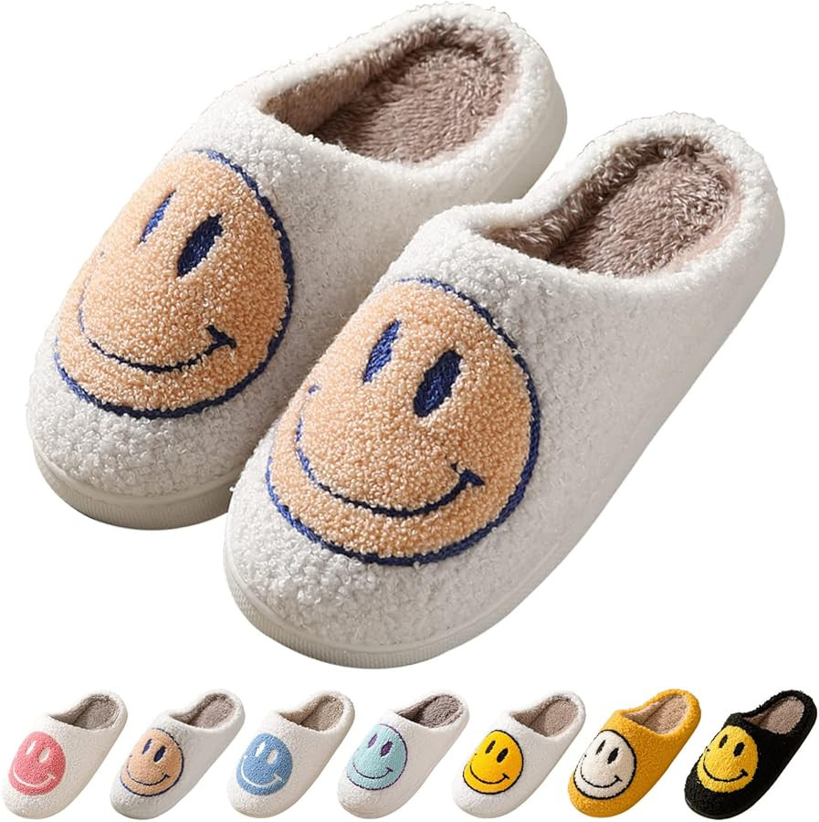 Smile Face Slippers for Women Happy face slippers Retro Soft Plush Warm Slip-on Slippers, Cozy In... | Amazon (US)