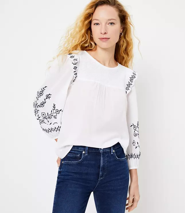 Embroidered Smocked Blouse | LOFT | LOFT