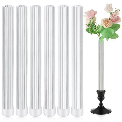 Ninehaoou 6 Pcs 7.9" Bud Vase Taper Candle Holder's Acrylic Striped Bud Vase with Silicon Rubber Case Designed Specially for Taper Candle Sizes from 22mm to 27mm for Wedding Tablescapes Decoration | Amazon (US)