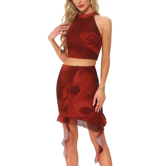 INSPIRE CHIC Women's Party Halter Neck Cropped Top Ruffled Mini Skirt Set XS Red | Walmart (US)