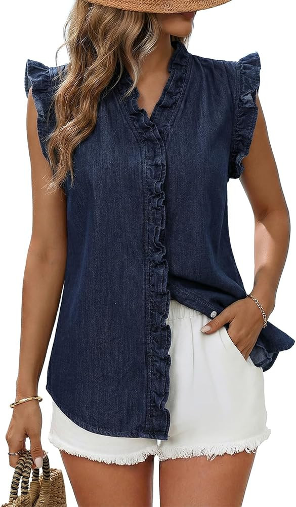 Dokotoo Denim Vest Top for Women Casual Summer Jean Vest Top Button Down Peplum V Neck Sleeveless... | Amazon (US)