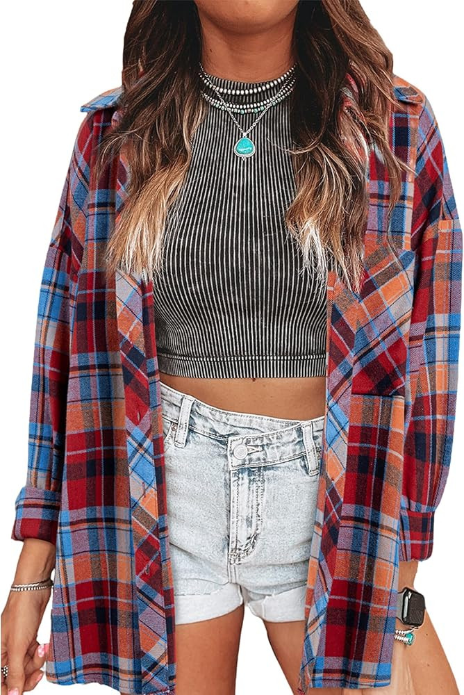 HangNiFang Flannel Plaid Shirts for Women Oversized Button Down Shirts Blouse | Amazon (US)