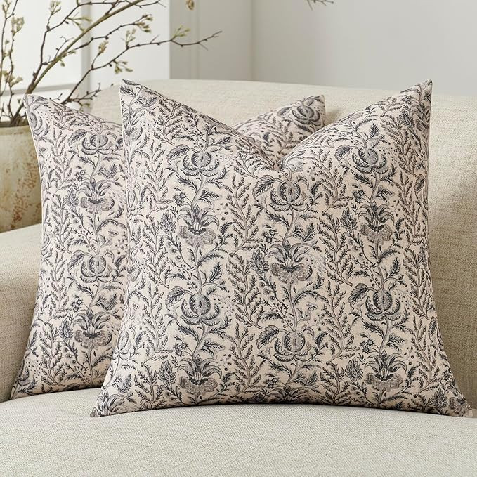 Amor Virisso Floral Pillow Covers 18x18 Set of 2 Vintage Block Print Pillow Covers Neutral Floral... | Amazon (US)
