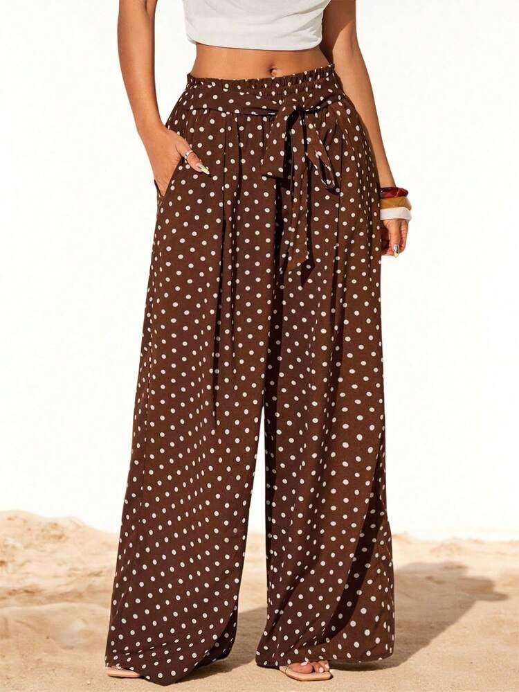 Radiana Women's Comfortable Casual Vintage Coffee Brown Chiffon Polka Dot High Waist Wide Leg Pants, Super Loose Wide Leg Trousers, Polka Dot Pants, Resort Pants, Beach Pants, Casual Pants, Lightweight Flowing Chiffon Pants, Suitable For Casual Outings, Daily Street Wear, Home, Vacation, Beach, Holidays, Music Concerts, Country Concerts | SHEIN