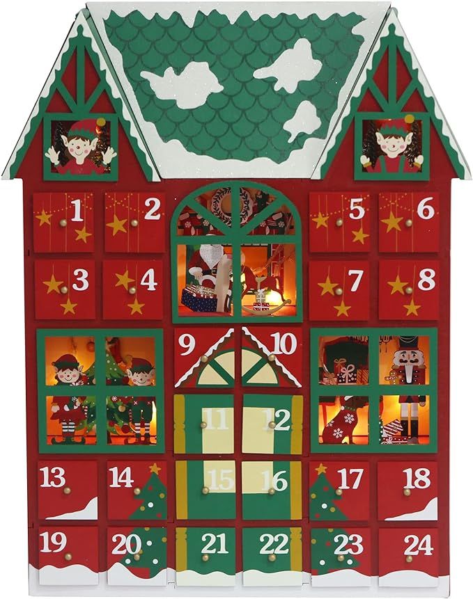 PIONEER-EFFORT Christmas Wooden Advent Calendar House 2023 with Drawers and Led Lights, Reusable ... | Amazon (US)