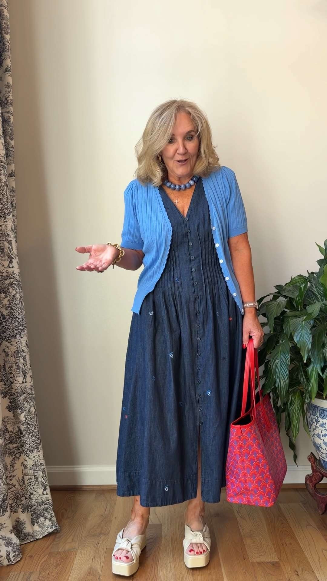 Walmart dress with a lightweight pointelle cardigan over the top. Dress is denim with small nautical themed embroidery. Its done in a very classy. Way. Love this entire look for holiday or summer business casual.
Wearing a medium.
My tote is by liberty of london and amazing quality. I love this color.

#LTKOver40 #LTKPetite #LTKWorkwear