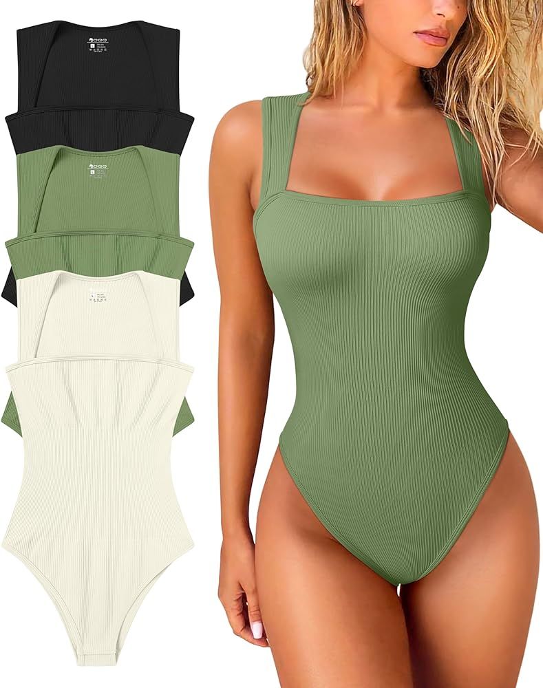 OQQ Women's 3 Piece Bodysuits Sexy Ribbed Strappy Square Neck Sleeveless Tummy Control Tank Tops ... | Amazon (US)