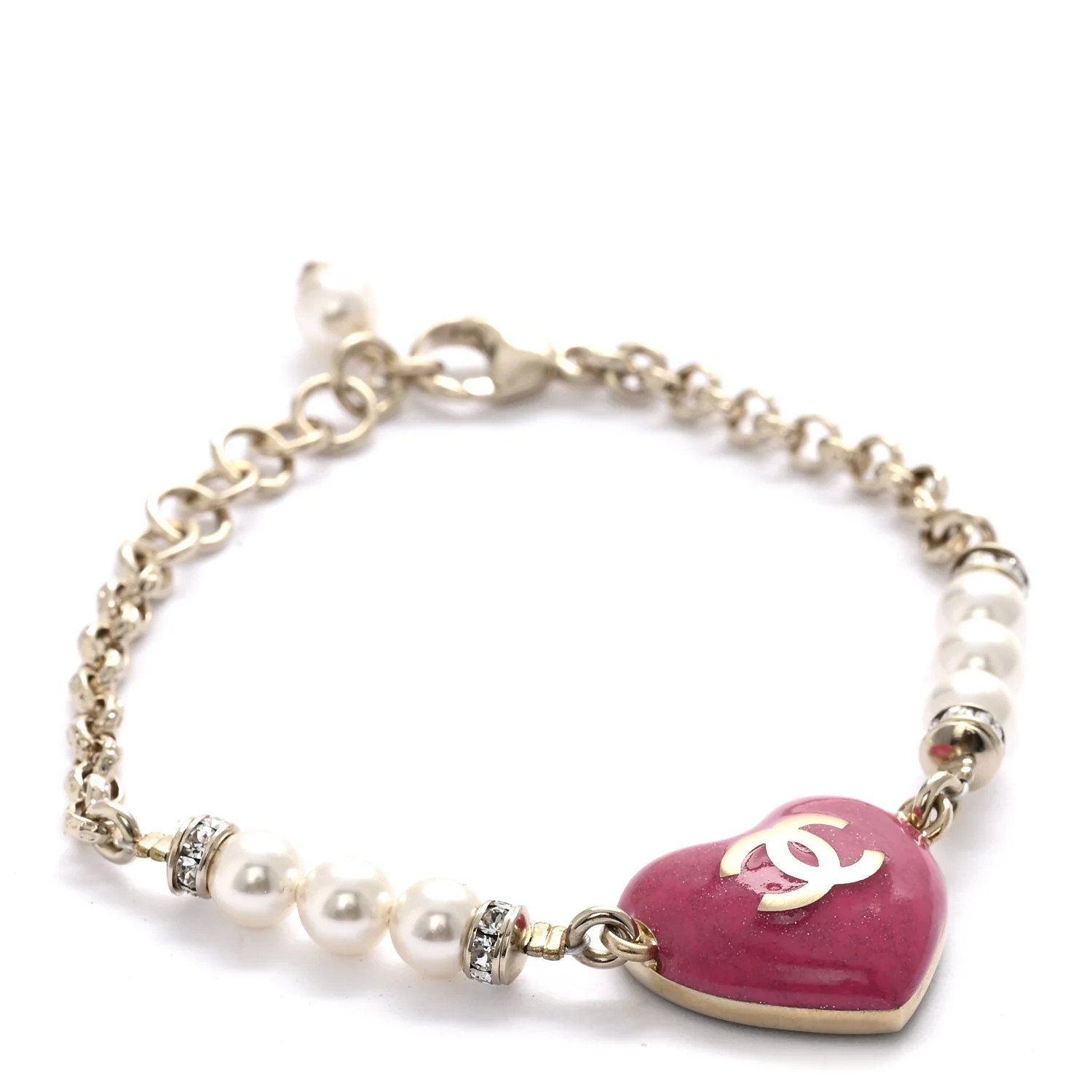 Resin Crystal Pearl Chain Heart CC Bracelet Pink White Gold | FASHIONPHILE (US)