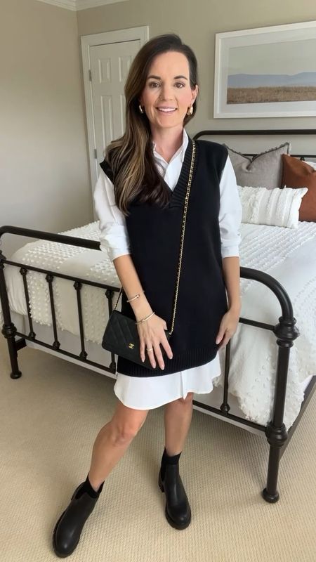 How to style a sweater vest dress ✨ 
🖤 Black vest and white button down shirt dress are from Amazon. The vest also comes in other colors and the fit is oversized. 
🖤 Earrings are a designer inspired pair from Amazon. They are such a statement piece!  
🖤 Boots fit tts and are perfect for Fall and Winter. They are very comfortable and I can wear them all day w/put them hurting my feet. 

#sweatervest #dresses #styletips #outfit #outfitideas #fallstyle #grwm #casualstyle #fallfashion #womensfashion #amazonfashion #amazonfinds #amazon #boots #chanel #chanelbag 

#LTKstyletip